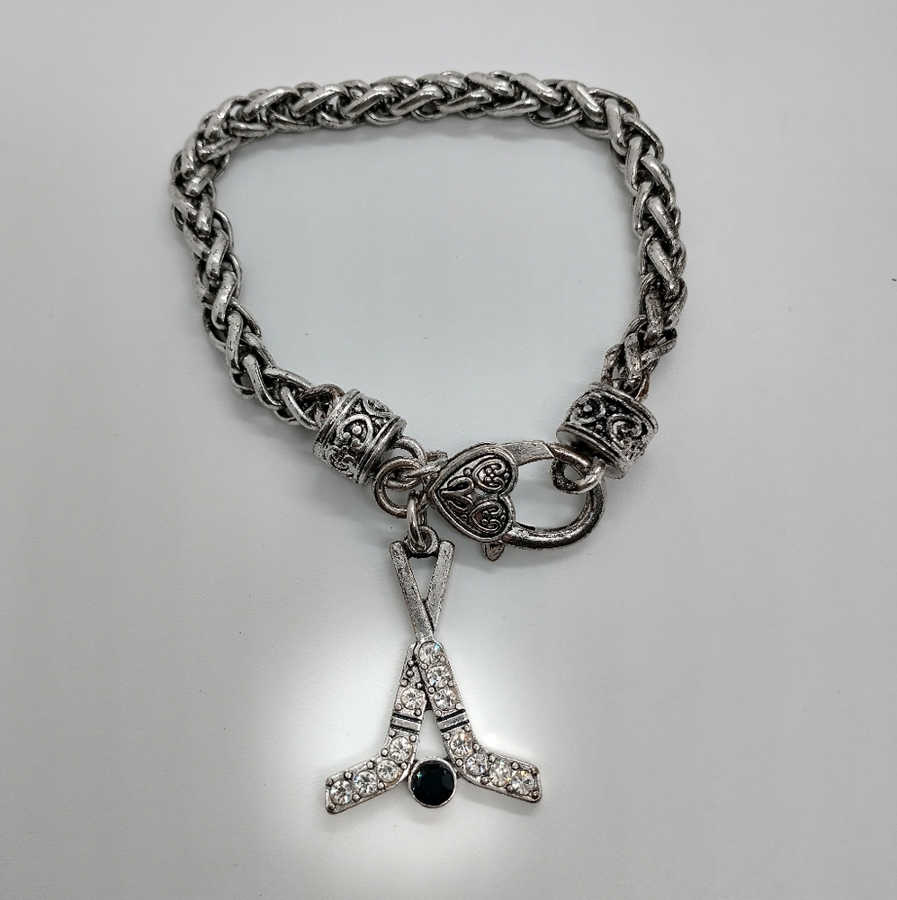 Bracelet Hockey Sticks Silver Charm Gems Jewelry Sports Gift Mom Grandma Plated